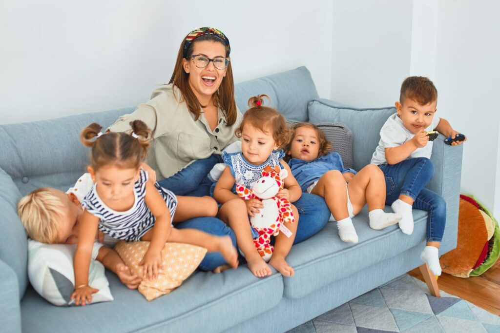 mother and kids on the couch